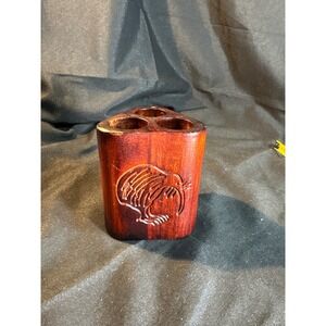 Hand Carved Wooden Kiwi Toothbrush Holder Organizer Stand New Zealand